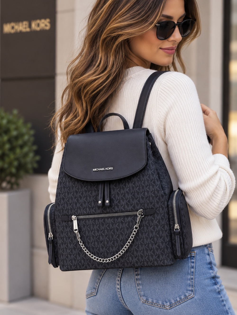 Michael Kors Signature Jet set Navy and Silver MK Logo Backpack